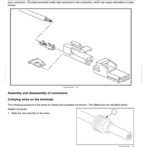 May include: Diagram of electrical connectors, including unsealed and sealed types, with labels and assembly instructions. The image shows various connector components and the process of crimping wires onto terminals.