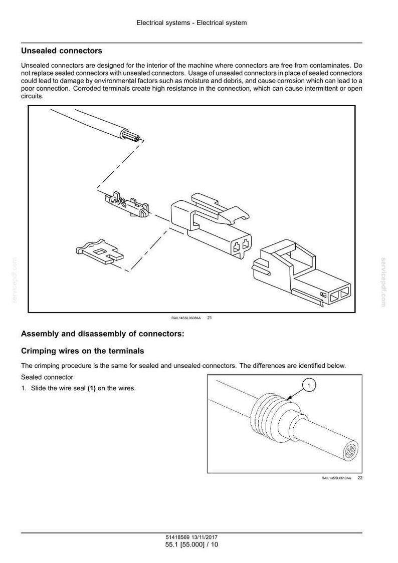 May include: Diagram of electrical connectors, including unsealed and sealed types, with labels and assembly instructions. The image shows various connector components and the process of crimping wires onto terminals.