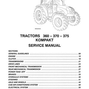 May include: A black and white technical service manual cover for TRACTORS 360 - 370 - 375 KOMPAKT. The document features a line drawing of a tractor at the top and a detailed list of sections including engine, transmission, brakes, and electrical systems.