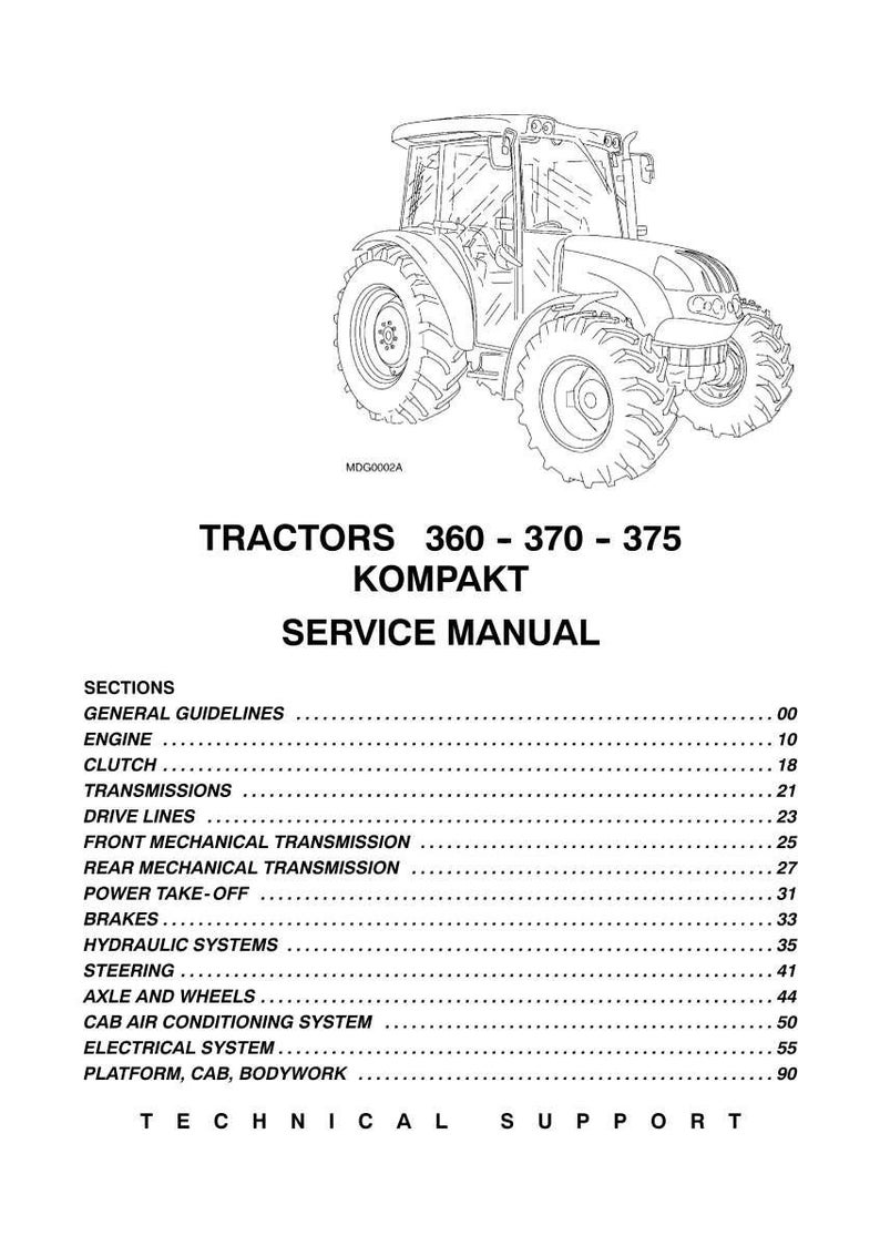 May include: A black and white technical service manual cover for TRACTORS 360 - 370 - 375 KOMPAKT. The document features a line drawing of a tractor at the top and a detailed list of sections including engine, transmission, brakes, and electrical systems.