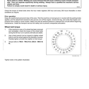 May include: A maintenance manual page with the title "Wheel torque" and a warning about explosion hazards. Includes instructions for wheel bolt torque, specifying torque values in foot-pounds and a diagram illustrating the tightening pattern.