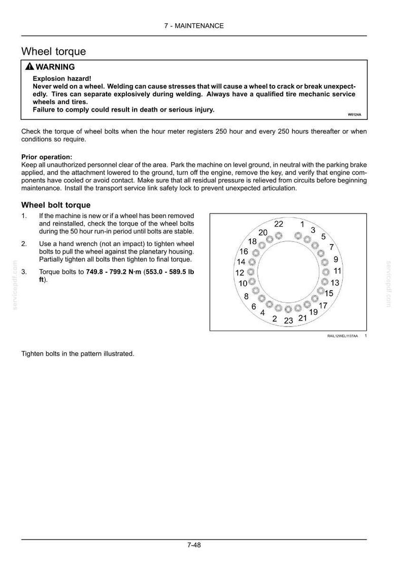 May include: A maintenance manual page with the title "Wheel torque" and a warning about explosion hazards. Includes instructions for wheel bolt torque, specifying torque values in foot-pounds and a diagram illustrating the tightening pattern.