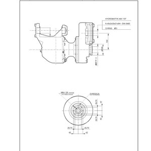 May include: Technical drawing of a CARRARO component, labeled with dimensions in millimeters. The diagram includes detailed views, measurements, and specifications, such as "HYDROMATYK ABV 107" and "O-RING &Oslash;3". The drawing also includes the text "TECHNICAL FEATURES".