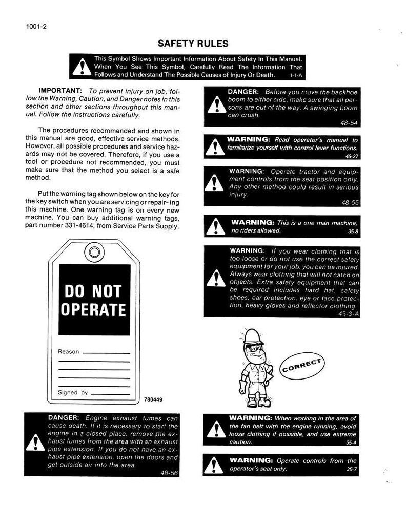 Op de afbeelding: Een pagina uit een handleiding met veiligheidsregels en waarschuwingen. Bevat een "NIET BEDIENEN"-label, veiligheidssymbolen en instructies over de bediening van apparatuur en veiligheidsmaatregelen. De tekst is zwart.