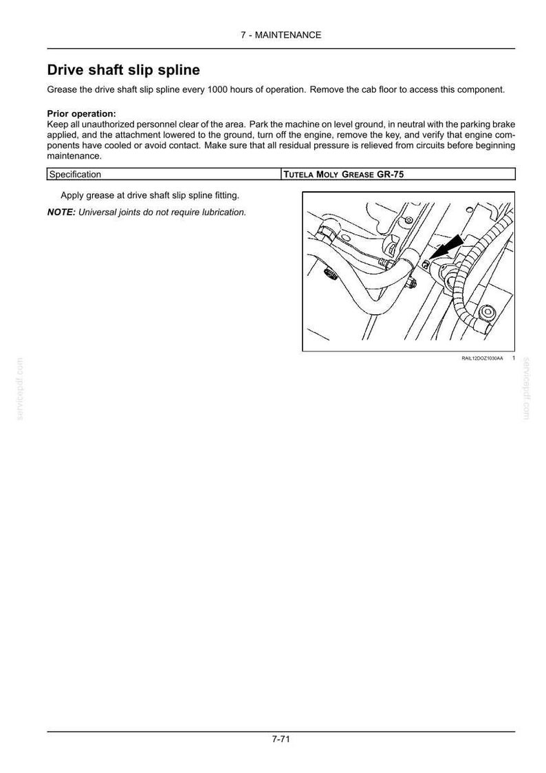 May include: Diagram from a maintenance manual showing a drive shaft slip spline. The image includes text instructions for greasing the fitting and a detailed illustration of the component with an arrow pointing to the grease fitting.