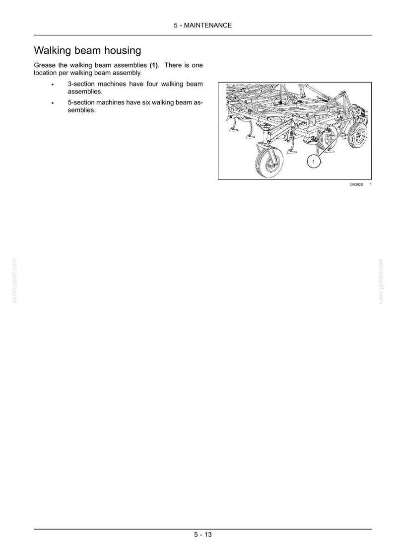 May include: A technical diagram labelled "Walking beam housing" with an illustration of a machine component. The text describes maintenance instructions, including greasing the walking beam assemblies. The diagram shows a machine with wheels and multiple walking beam assemblies.