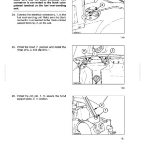 May include: A technical manual page titled SECTION 21 - TRANSMISSION SYSTEMS - CHAPTER 1, featuring three black and white line drawings with numbered labels. The diagrams illustrate mechanical assembly steps for electrical connectors, hood hinges, and a support plate.