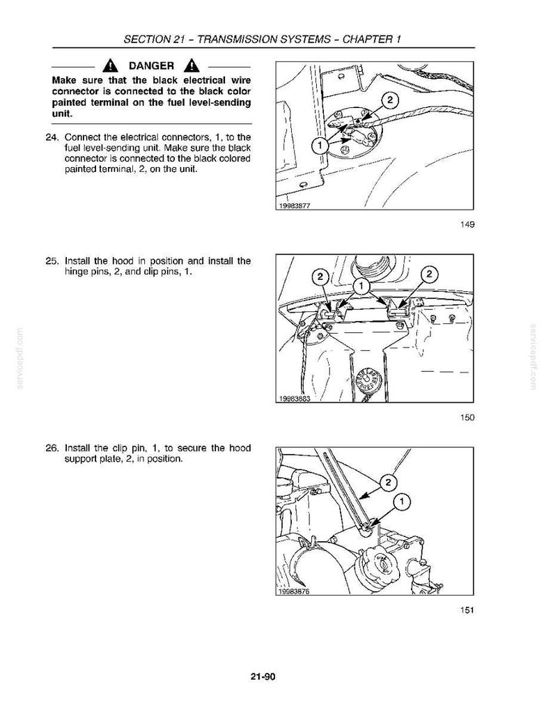 May include: A technical manual page titled SECTION 21 - TRANSMISSION SYSTEMS - CHAPTER 1, featuring three black and white line drawings with numbered labels. The diagrams illustrate mechanical assembly steps for electrical connectors, hood hinges, and a support plate.