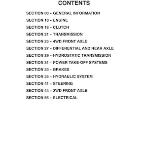 Pu&ograve; includere: Una pagina bianca con testo nero che elenca il contenuto di un manuale. Il titolo recita "D25, DX25, D29, DX29, D33, DX33 CONTENTS". Le sezioni includono Motore, Frizione, Trasmissione, Assale anteriore 4WD e altro.
