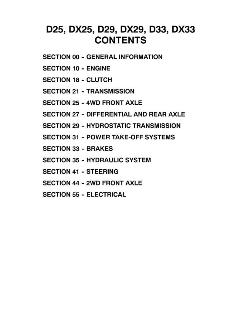 Pu&ograve; includere: Una pagina bianca con testo nero che elenca il contenuto di un manuale. Il titolo recita "D25, DX25, D29, DX29, D33, DX33 CONTENTS". Le sezioni includono Motore, Frizione, Trasmissione, Assale anteriore 4WD e altro.