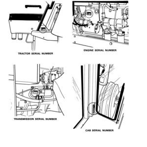 May include: Black and white diagram illustrating the location of serial numbers on a tractor. The diagram shows the tractor, engine, transmission, and cab serial number locations. Text includes "SERIAL NUMBERS", "TRACTOR SERIAL NUMBER", "ENGINE SERIAL NUMBER", "TRANSMISSION SERIAL NUMBER", and "CAB SERIAL NUMBER".