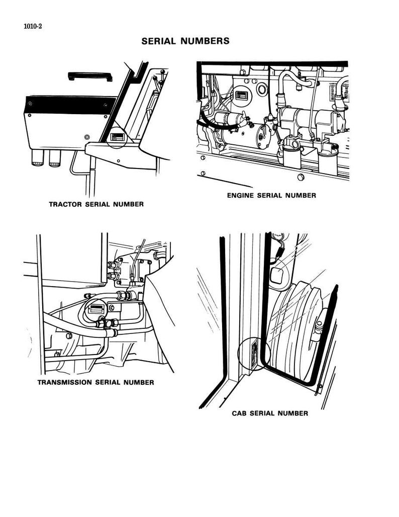 May include: Black and white diagram illustrating the location of serial numbers on a tractor. The diagram shows the tractor, engine, transmission, and cab serial number locations. Text includes "SERIAL NUMBERS", "TRACTOR SERIAL NUMBER", "ENGINE SERIAL NUMBER", "TRANSMISSION SERIAL NUMBER", and "CAB SERIAL NUMBER".