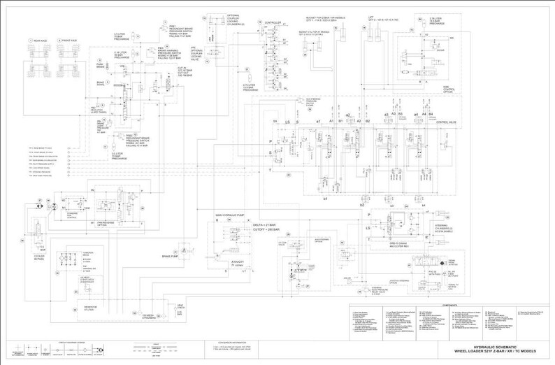 Pode incluir: Diagrama esquem&aacute;tico hidr&aacute;ulico detalhado para uma carregadeira de rodas, apresentando uma complexa rede de linhas, s&iacute;mbolos e componentes. O diagrama &eacute; em preto e branco, com r&oacute;tulos de texto e uma legenda na parte inferior.