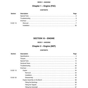 May include: A white page from a manual with the title "SECTION 10 - ENGINE" and "BOOK 1 - 84253592". The page contains a table of contents for Chapter 1 and Chapter 2, listing sections like "Special Tools" and "Overhaul".