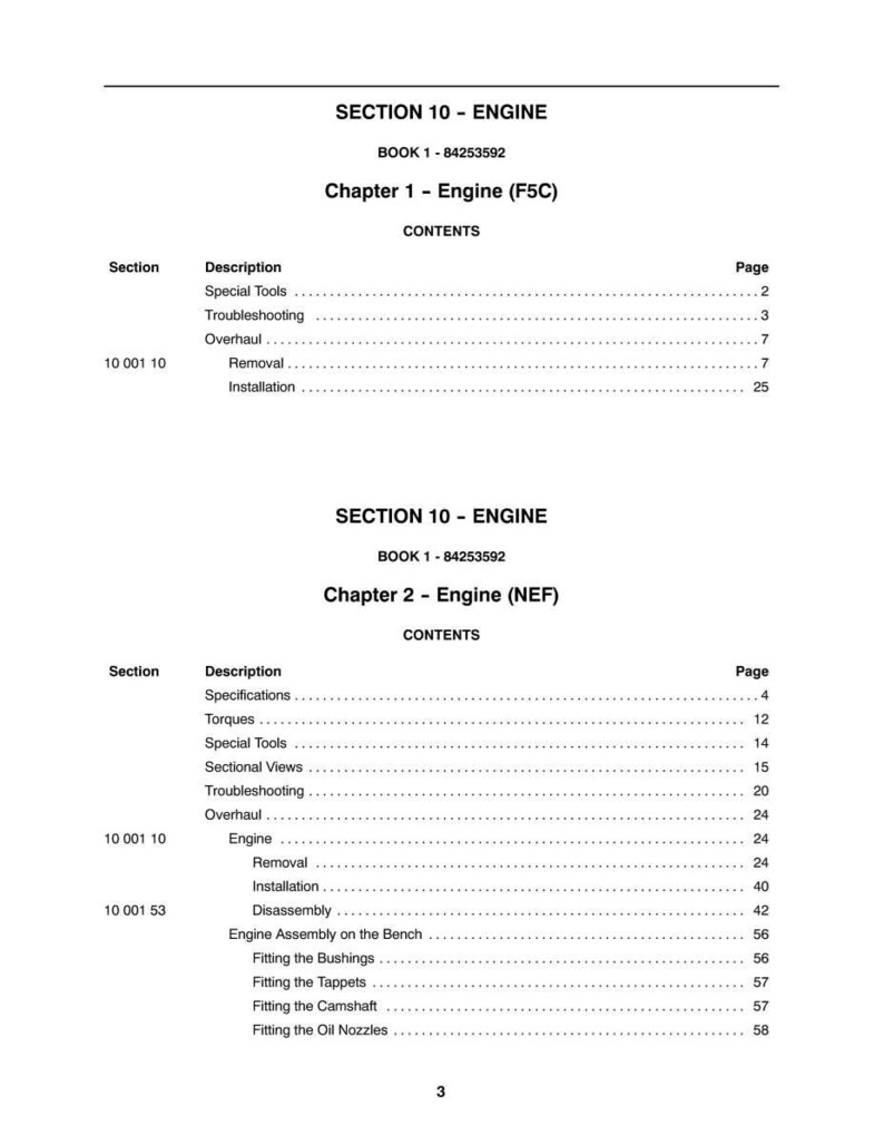 May include: A white page from a manual with the title "SECTION 10 - ENGINE" and "BOOK 1 - 84253592". The page contains a table of contents for Chapter 1 and Chapter 2, listing sections like "Special Tools" and "Overhaul".