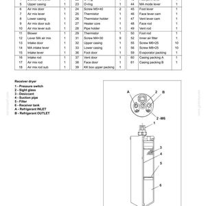 May include: A technical diagram of an air conditioner system labeled E485B, featuring a comprehensive parts list table with numbers, descriptions, and quantities, alongside a detailed line drawing of a receiver dryer with labeled components.