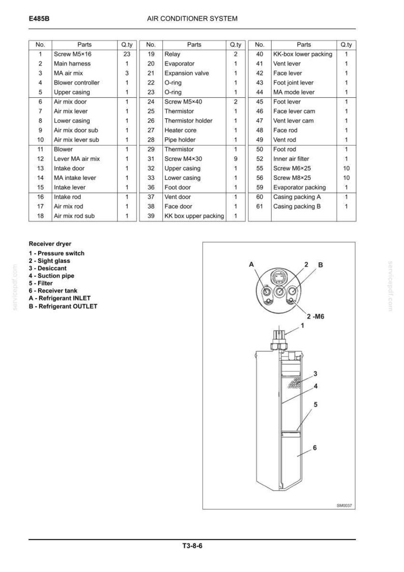 May include: A technical diagram of an air conditioner system labeled E485B, featuring a comprehensive parts list table with numbers, descriptions, and quantities, alongside a detailed line drawing of a receiver dryer with labeled components.