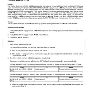 May include: A technical document with fault codes for a DEF/AdBlue supply module. The document includes troubleshooting steps, wiring diagrams, and voltage checks. The text is in black and white.