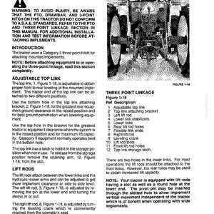 May include: A technical manual page titled THREE POINT LINKAGE featuring a black and white diagram of a tractor rear assembly with numbered components from 1 to 12, including an adjustable top link, lift rods, and lower links with descriptive text.