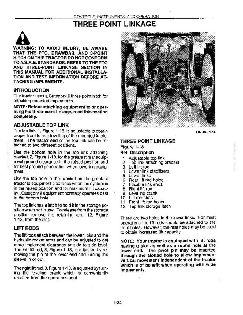 May include: A technical manual page titled THREE POINT LINKAGE featuring a black and white diagram of a tractor rear assembly with numbered components from 1 to 12, including an adjustable top link, lift rods, and lower links with descriptive text.