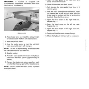 May include: A technical document titled BLEEDING THE BRAKE SYSTEM, numbered 7002-6, containing seventeen numbered instructions for hydraulic maintenance. It includes a black and white photograph of a safety link on a loader arm labeled 1.