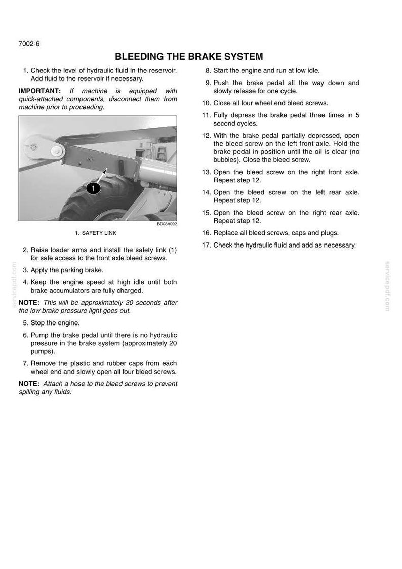 May include: A technical document titled BLEEDING THE BRAKE SYSTEM, numbered 7002-6, containing seventeen numbered instructions for hydraulic maintenance. It includes a black and white photograph of a safety link on a loader arm labeled 1.