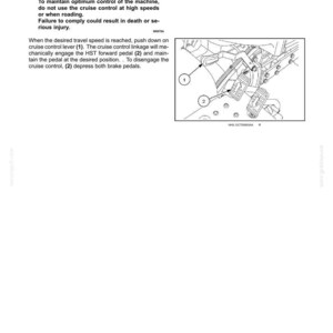 May include: A technical manual page titled 4 - OPERATING INSTRUCTIONS featuring a warning about cruise control operation. It includes a black and white line drawing of a cruise control lever labeled 1 and an HST forward pedal labeled 2.