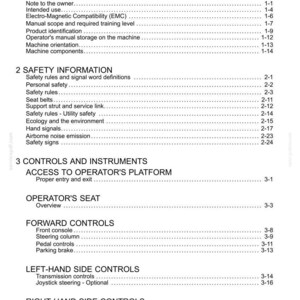 May include: A detailed table of contents from a manual, with headings such as "General Information," "Safety Information," and "Controls and Instruments." The text is black on a white background, with page numbers on the right.