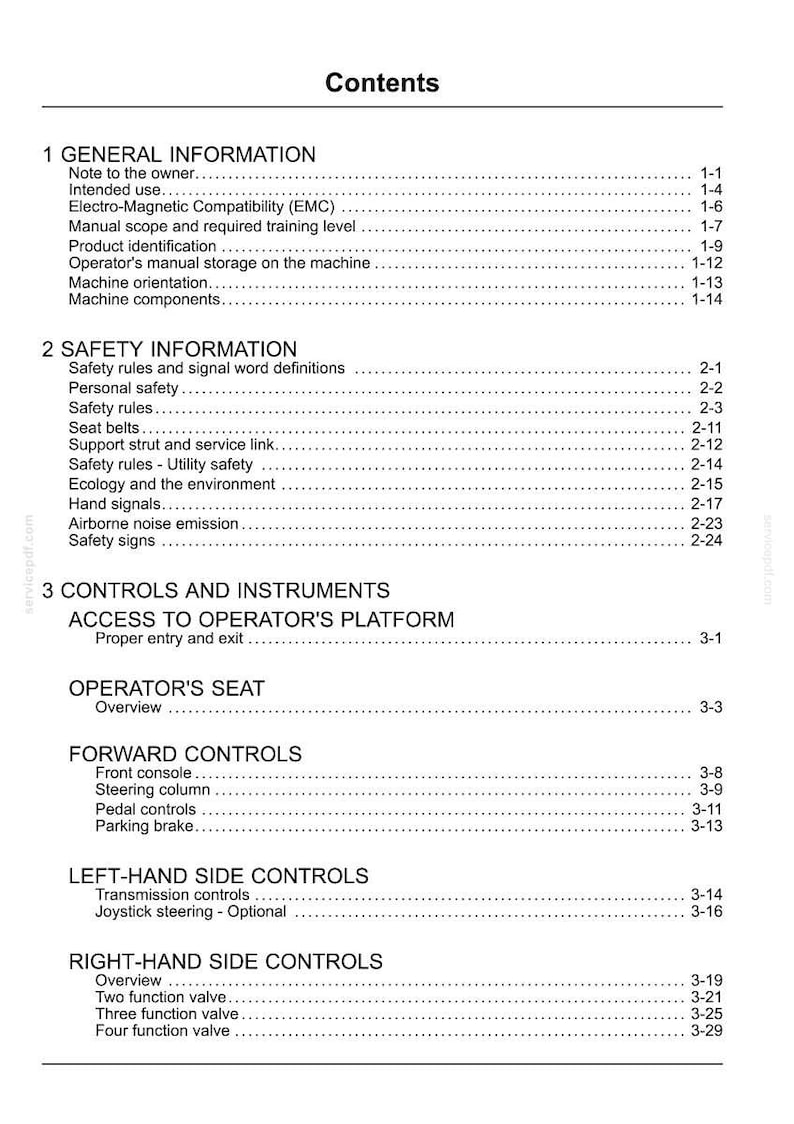 May include: A detailed table of contents from a manual, with headings such as "General Information," "Safety Information," and "Controls and Instruments." The text is black on a white background, with page numbers on the right.