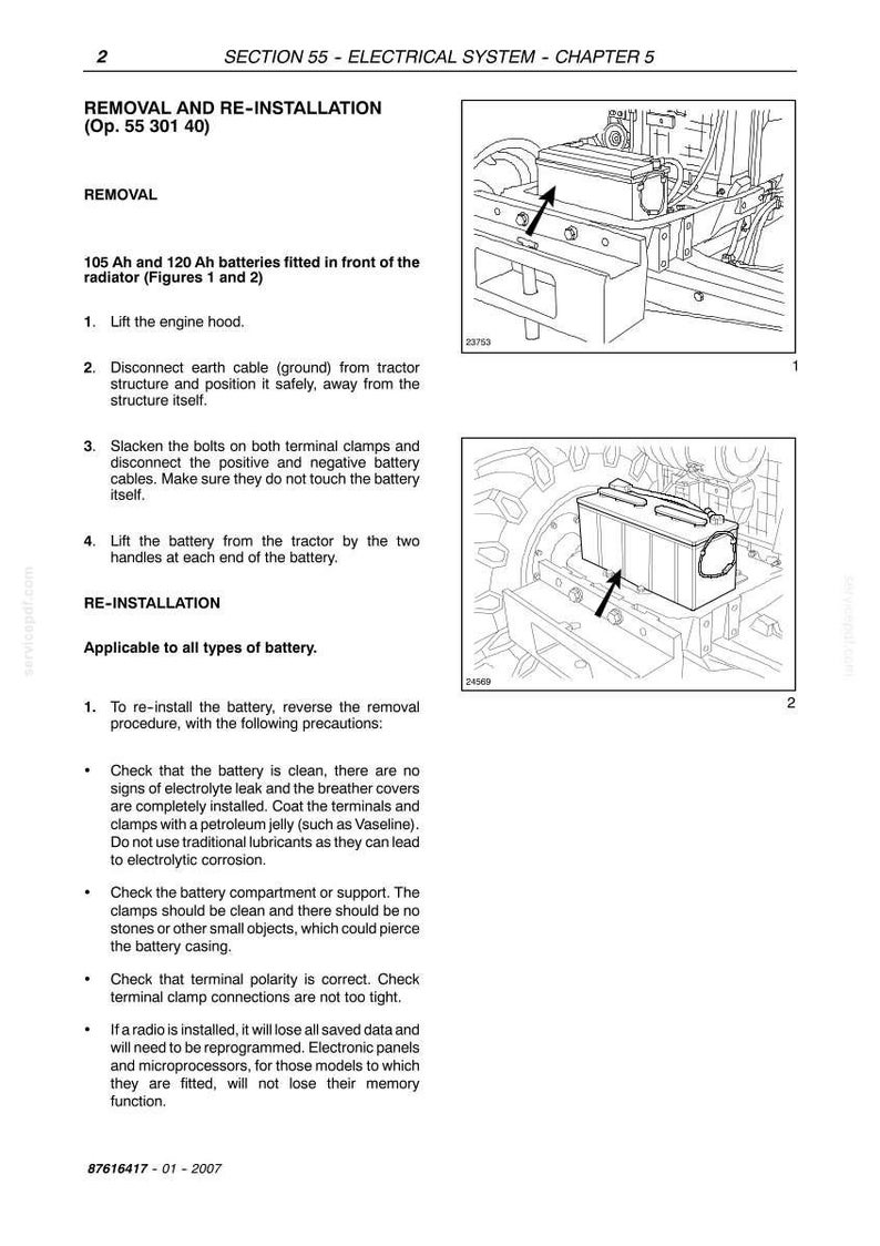 May include: Page from a manual detailing the removal and re-installation of a tractor battery. Includes diagrams and instructions for disconnecting and lifting the battery, with safety precautions. The text is in black.