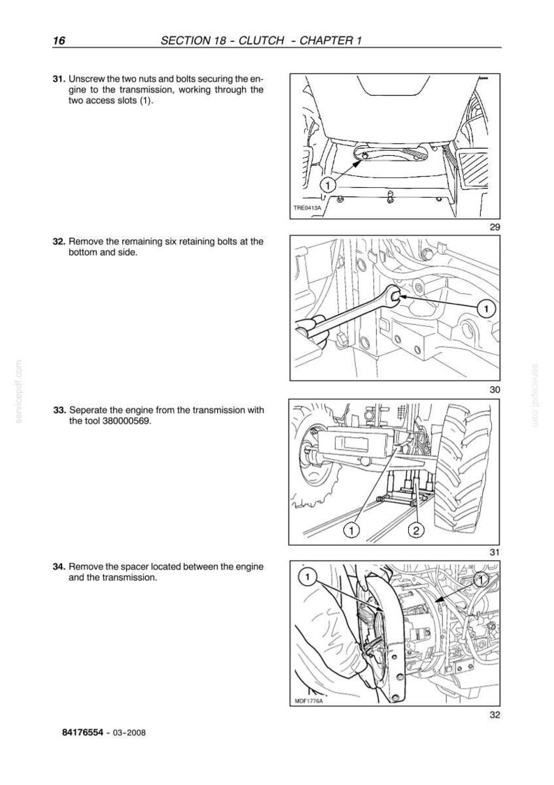 May include: Diagrams from a manual showing steps for clutch maintenance. Includes illustrations of tools and components, with labels and numbers for each step. Text instructions accompany each image, detailing the process.