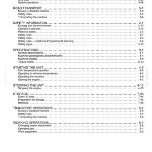 May include: A detailed table of contents from a manual, with headings and page numbers. Sections include Overhead Controls, Road Transport, Safety Information, Specifications, and more. The text is in black on a white background.
