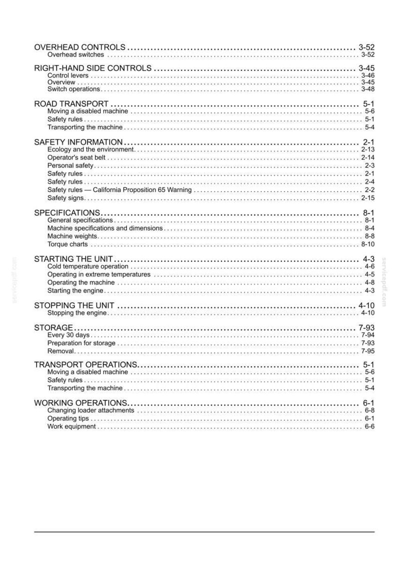 May include: A detailed table of contents from a manual, with headings and page numbers. Sections include Overhead Controls, Road Transport, Safety Information, Specifications, and more. The text is in black on a white background.