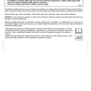 May include: A page from a manual titled "Safety Information" with a warning about safety signs. The text advises to inspect, clean, and replace damaged signs. It also provides instructions on how to maintain the signs and where to find additional information.