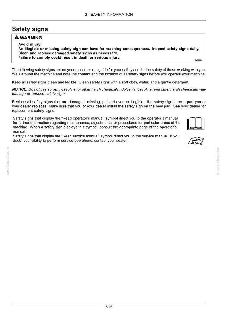 May include: A page from a manual titled "Safety Information" with a warning about safety signs. The text advises to inspect, clean, and replace damaged signs. It also provides instructions on how to maintain the signs and where to find additional information.