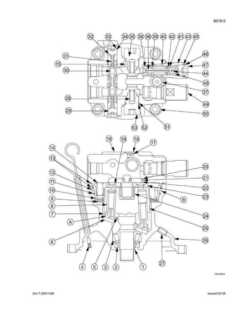 May include: Detailed technical diagram of a mechanical component, featuring numerous labeled parts and components. The diagram is black and white, with clear numbering and lettering. The image includes the text "8019-5" and "Cre 7-28011GB".