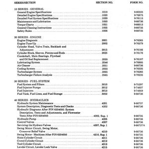 May include: A black and white table of contents page for a 980B Excavator manual. The document lists various sections including engine specifications, fuel systems, and hydraulic systems, with corresponding section and form numbers.