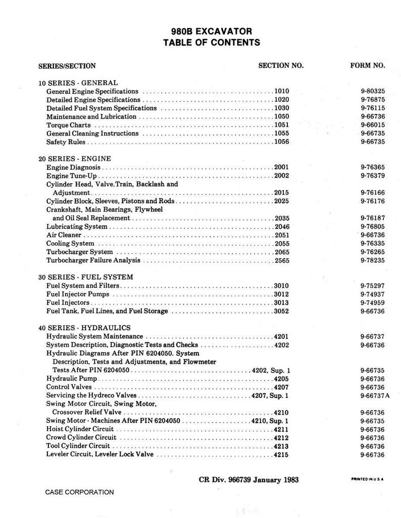 May include: A black and white table of contents page for a 980B Excavator manual. The document lists various sections including engine specifications, fuel systems, and hydraulic systems, with corresponding section and form numbers.