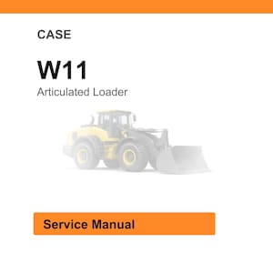 Pu&ograve; includere: Sfondo bianco con il testo "CASE W11 Articulated Loader" in nero. Sotto, un'immagine sbiadita di una pala gommata gialla. Un rettangolo arancione in basso recita "Service Manual".
