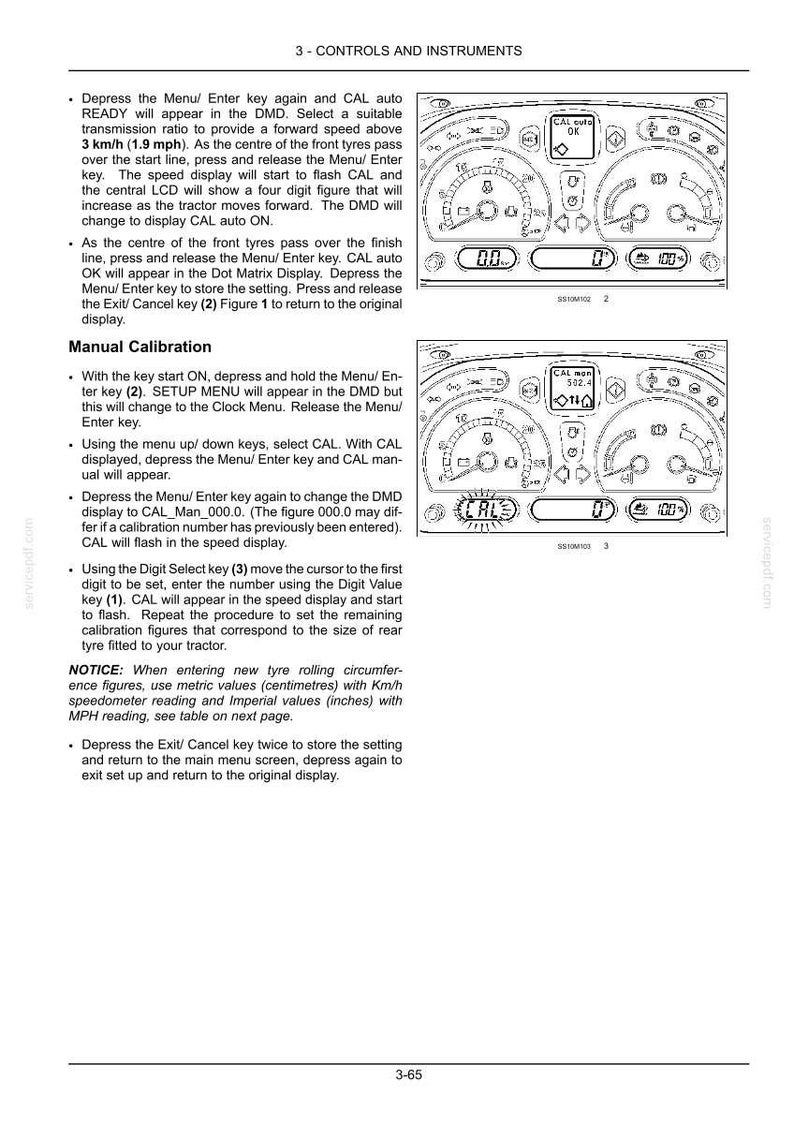 May include: A technical manual page titled 3-CONTROLS AND INSTRUMENTS, featuring two black and white line drawings of a tractor dashboard display. The text provides step-by-step instructions for auto and manual calibration of the speedometer.