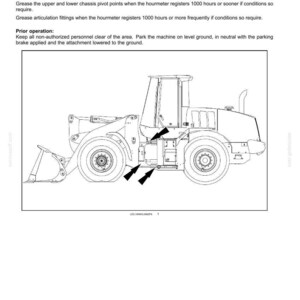 May include: Line drawing of a front-end loader, with arrows indicating pivot points for maintenance. Text at the top reads "7 - MAINTENANCE" and "Every 1000 hours". The image is a page from a service manual.