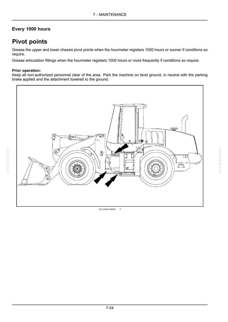 May include: Line drawing of a front-end loader, with arrows indicating pivot points for maintenance. Text at the top reads "7 - MAINTENANCE" and "Every 1000 hours". The image is a page from a service manual.