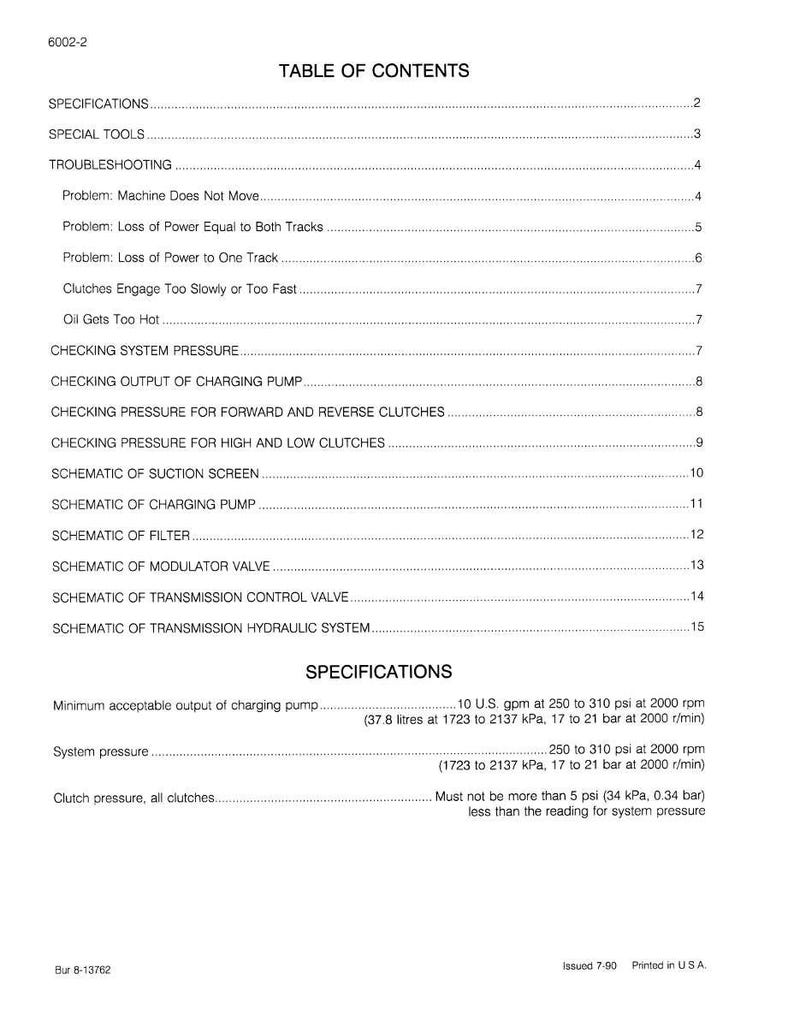 May include: A printed page with the title "TABLE OF CONTENTS" and various technical headings. The document includes sections on specifications, troubleshooting, and schematics, with measurements in U.S. customary units.