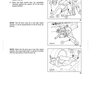 May include: A technical manual page titled SECTION 35 - HYDRAULIC SYSTEMS - CHAPTER 2, page 29. It features three black and white line drawings labeled 46, 47, and 48, showing mechanical lever adjustments, lift arm positions, and cross-shaft contact points.