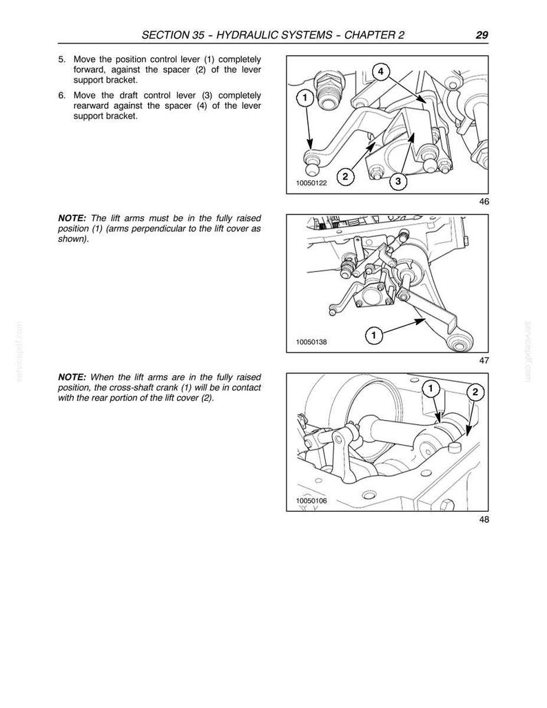 May include: A technical manual page titled SECTION 35 - HYDRAULIC SYSTEMS - CHAPTER 2, page 29. It features three black and white line drawings labeled 46, 47, and 48, showing mechanical lever adjustments, lift arm positions, and cross-shaft contact points.