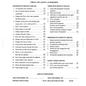 May include: A black and white printed document titled FIRST 50-HOUR SERVICE. It lists maintenance tasks categorized into Inoperative Service Checks, Operative Service Checks, Performance Service Checks, and Safety Items Checks with checkboxes.