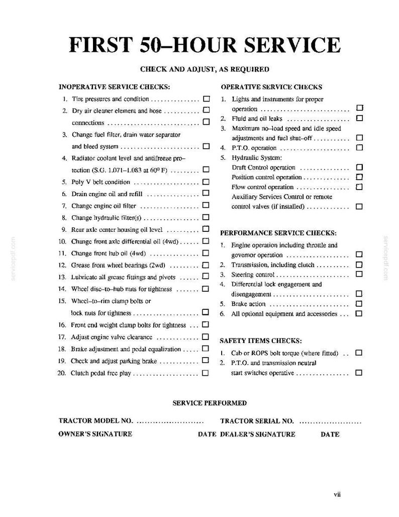May include: A black and white printed document titled FIRST 50-HOUR SERVICE. It lists maintenance tasks categorized into Inoperative Service Checks, Operative Service Checks, Performance Service Checks, and Safety Items Checks with checkboxes.