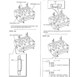 May include: Diagram illustrating the replacement of expansion plugs and manifold studs. The image includes detailed steps with measurements in inches, such as .300", .442", 1.31", and 1.93". The text provides instructions for drilling, prying, and installing new components.