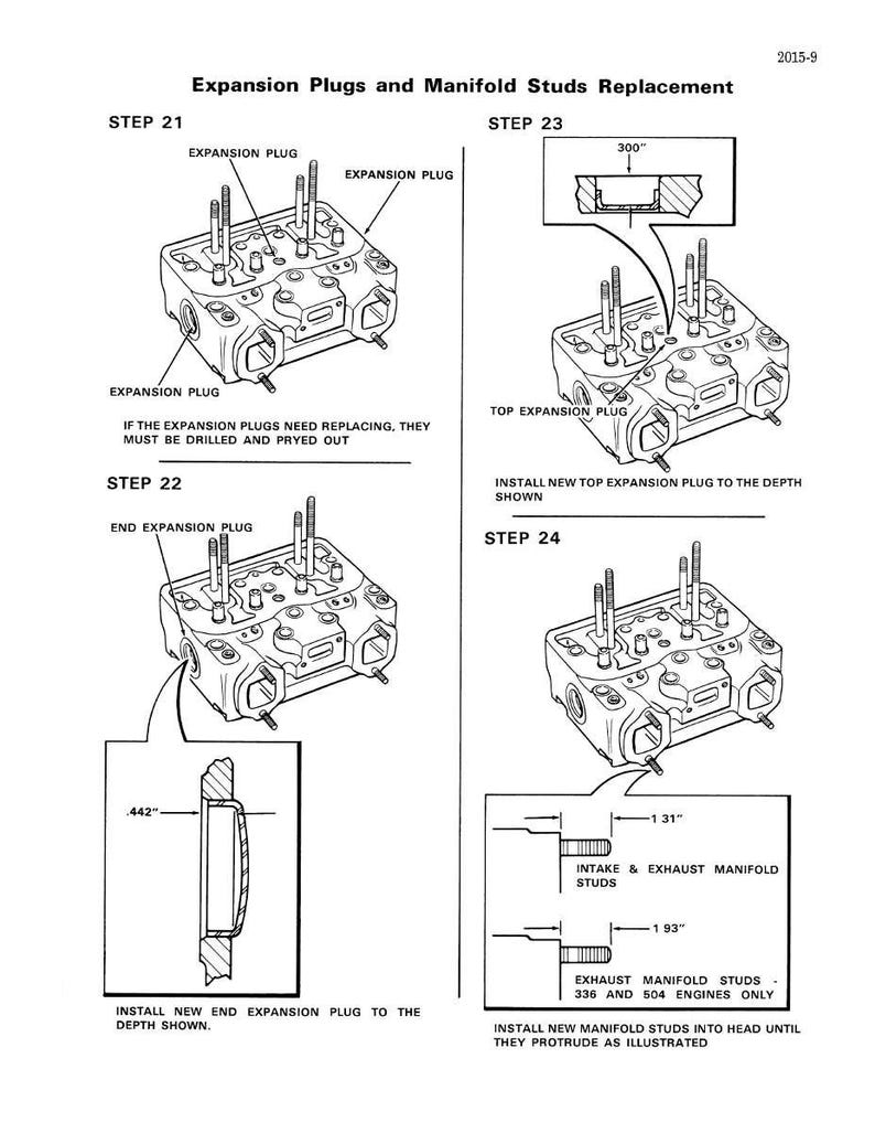 May include: Diagram illustrating the replacement of expansion plugs and manifold studs. The image includes detailed steps with measurements in inches, such as .300", .442", 1.31", and 1.93". The text provides instructions for drilling, prying, and installing new components.