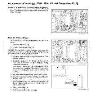 K&ouml;nnte beinhalten: Eine technische Wartungsseite mit dem Titel Air cleaner - Cleaning 100441299 - V3 - 01 December 2015. Sie enth&auml;lt Anweisungen zur Reinigung eines Luftfilterauslassventils und einer Hauptluftfilterpatrone sowie drei technische Strichzeichnungen.